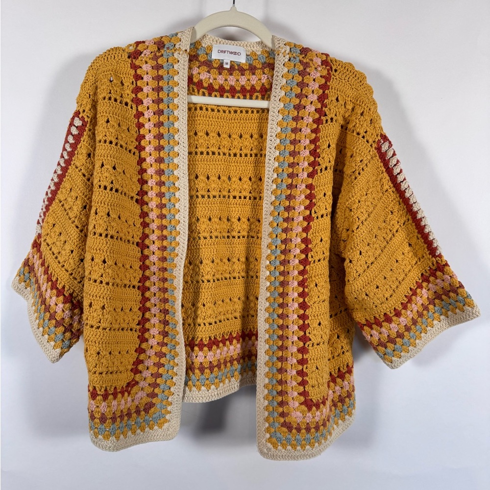 Driftwood Open Front Knit Cardigan Women Size Medium Crochet Boho Festival Retro